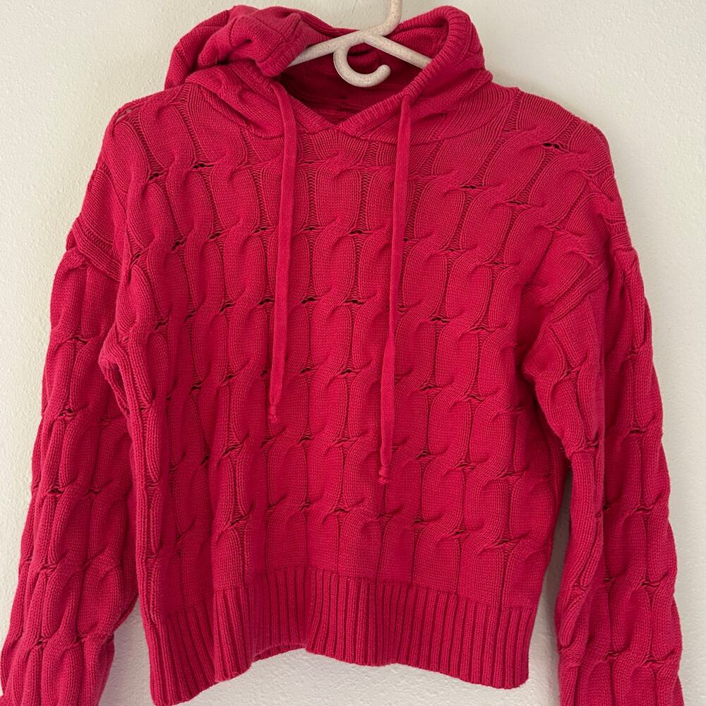 Anthropologie Saturday Sunday pink hooded crop cable knit sweater fall winter S - Picture 3 of 9
